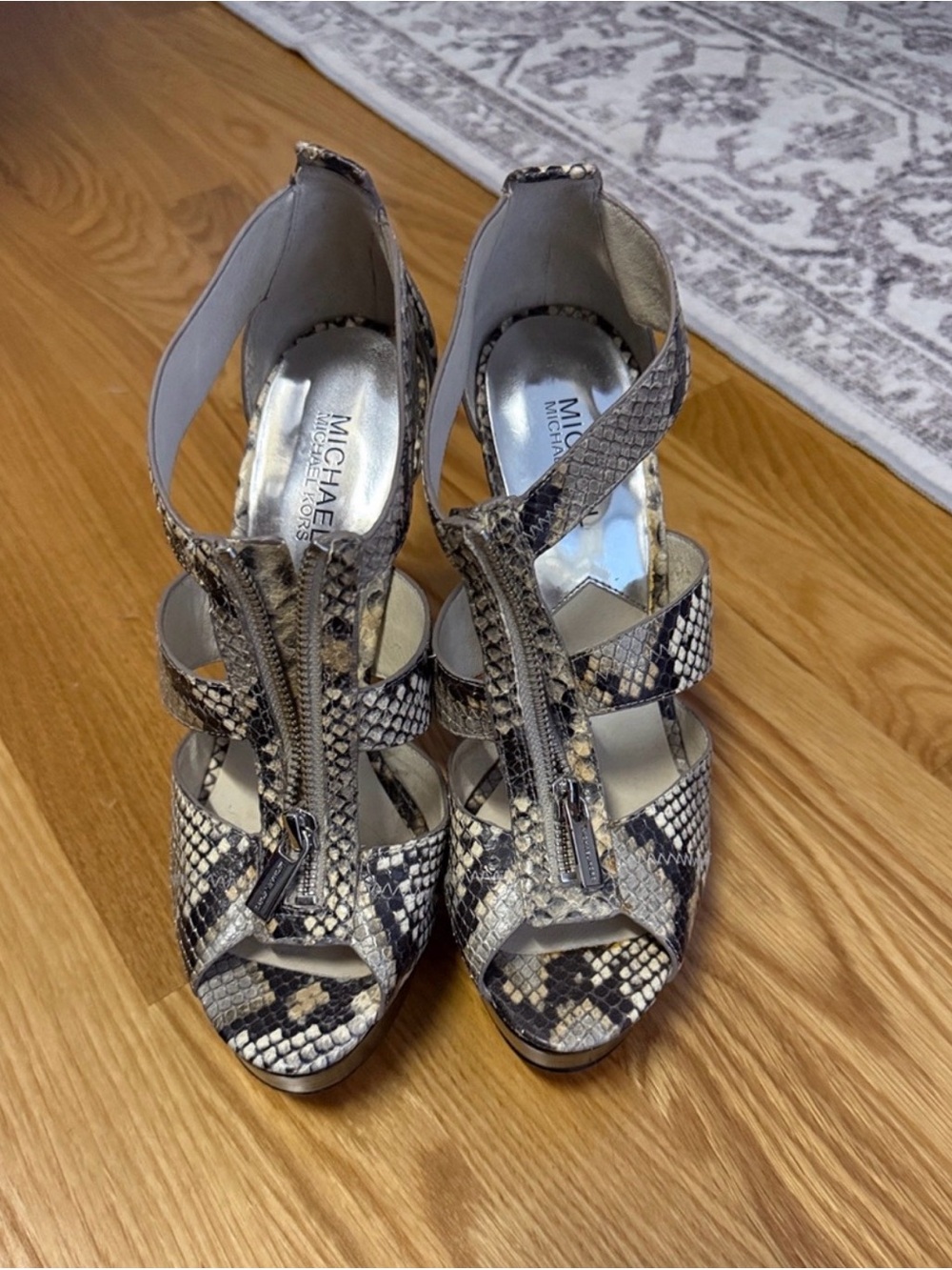 Michael Michael Kors Women's Snake-Print Zip Front Heels in Beige/Black